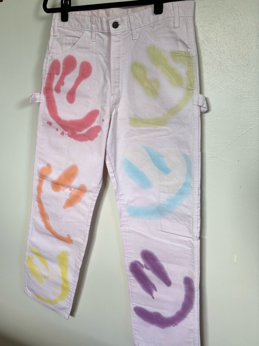 Y2K Custom Hand Painted Smiley Face Dickies Painter Pants Pastel Pink Wide Leg